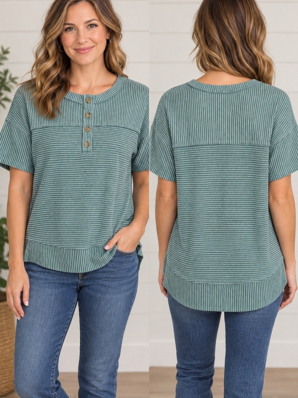 Knit Short-Sleeve Henley Top - Green